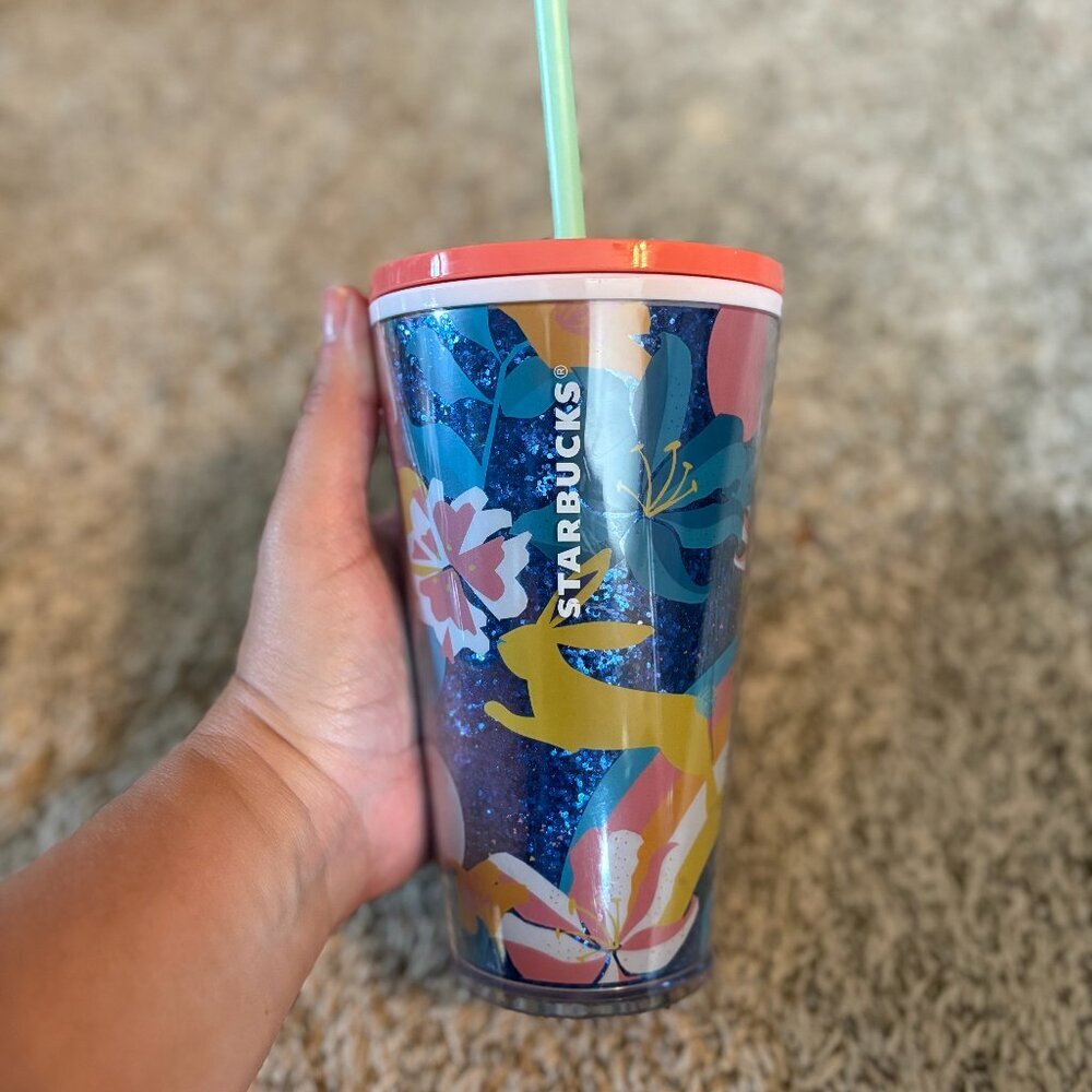 🔆 Starbucks Spring 2021 Bunny Blue Glitter Floral 16oz Tumbler